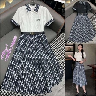 [562024]  Hàng nhập - Đầm dáng xòe tay ngắn cổ sơ mi logo, váy Quảng Châu dạo phố phối màu trẻ trung