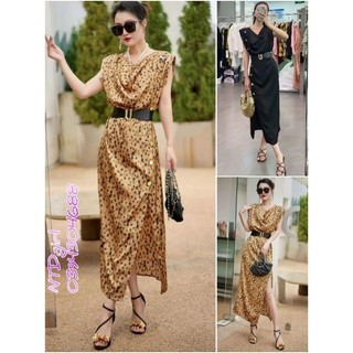 [562024]  Hàng nhập - Đầm dáng suông ôm nhẹ cổ đổ xẻ tà 1 bên, váy lụa Quảng Châu mịn mát chấm bi form dài