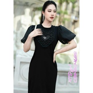 [562024]  Hàng nhập - Đầm dáng ôm thun mát lạnh tay phồng đính trái tim, váy body Quảng Châu cổ tròn xinh xắn