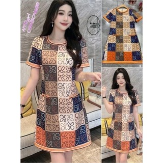 [562024]  Hàng nhập - Đầm dáng suông lụa mịn mát in họa tiết độc đáo, váy xuông Quảng Châu tay ngắn cổ tròn dễ mặc