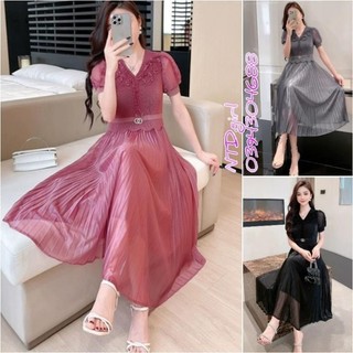 [562024]  Hàng nhập - Đầm dáng xòe lụa mịn đẹp xếp li free size, váy dự tiệc Quảng Châu tay ngắn cổ tim