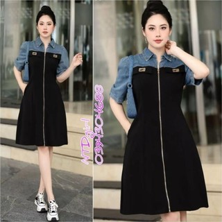 [562024]  Hàng nhập - Đầm dáng suông thun phối jean đính logo, váy xuông tay ngắn cổ sơ mi khóa kéo