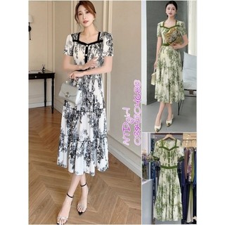[562024]  Hàng nhập - Đầm dáng xòe lụa mịn mát xếp li free size, váy Quảng Châu in hoa văn tay ngắn cổ đa giác