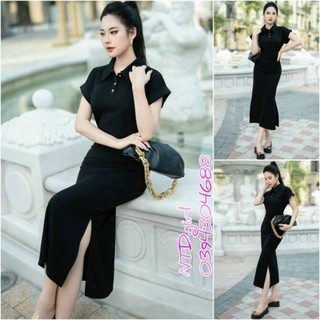[562024]  Hàng nhập - Đầm dáng ôm thun mát lạnh form dài cổ sơ mi, váy body Quảng Châu tay ngắn sang trọng
