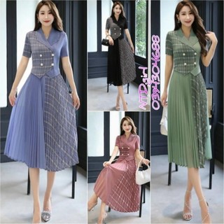 [562024]  Hàng nhập - Đầm dáng xòe lụa dập li họa tiết caro, váy dự tiệc cổ vest đính nút sang trọng