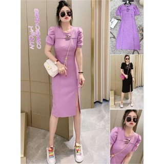 [562024]  Hàng nhập - Đầm dáng ôm thun cotton mát lạnh khuyết ngực, váy body Quảng Châu tay ngắn xẻ tà