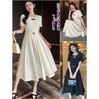 [562024]  Hàng nhập - Đầm dáng xòe tay ngắn cổ tròn đính hạt, váy dự tiệc xếp li trẻ trung