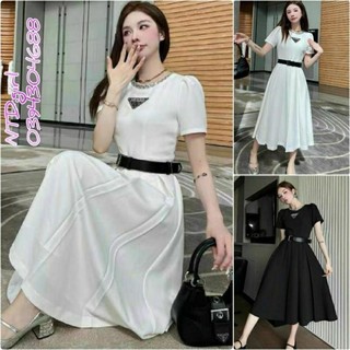 [562024]  Hàng nhập - Đầm dáng xòe cổ viền tùng xếp li, váy xòe Quảng Châu logo tay ngắn trẻ trung