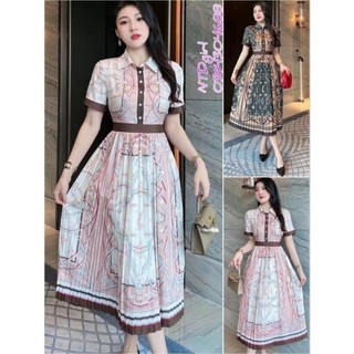 [562024]  Hàng nhập - Đầm dáng xòe lụa mịn mát tùng dập li hoa văn, váy Quảng Châu tay ngắn cổ sơ mi sang trọng