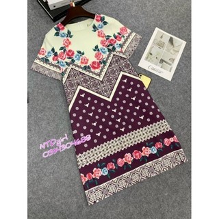 [562024]  Hàng nhập - Đầm dáng suông lụa in hoa văn cổ tròn tay ngắn, váy xuông Quảng Châu dạo phố trẻ trung