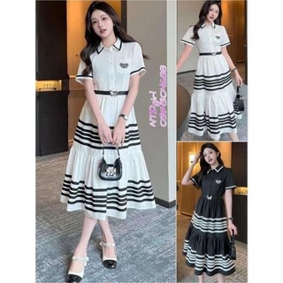 [562024]  Hàng nhập - Đầm dáng xòe đuôi cá cổ sơmi viền đen trắng, váy Quảng Châu dạo phố trẻ trung