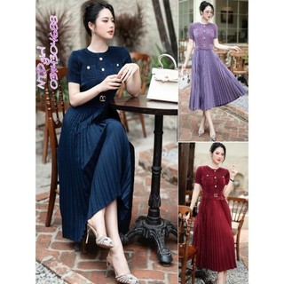 [562024]  Hàng nhập - Đầm dáng xòe xếp li free size đính nút, váy dự tiệc Quảng Châu tay ngắn cổ tròn sang trọng