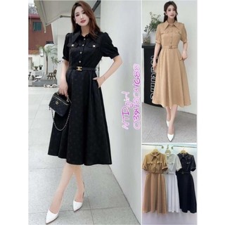 [562024]  Hàng nhập - Đầm dáng xòe gấm lụa cổ sơ mi đính phụ kiện, váy Quảng Châu tay ngắn logo chìm