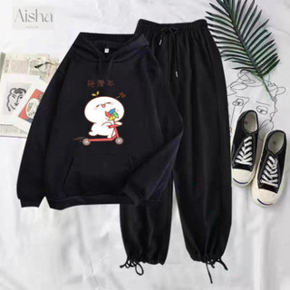 Sét Áo hoodie Bé mầm cưỡi xe và quần bom đen, Áo nỉ chất đẹp không xù, rộng rãi thoải mái mặc ở nhà và mặc đi chơi