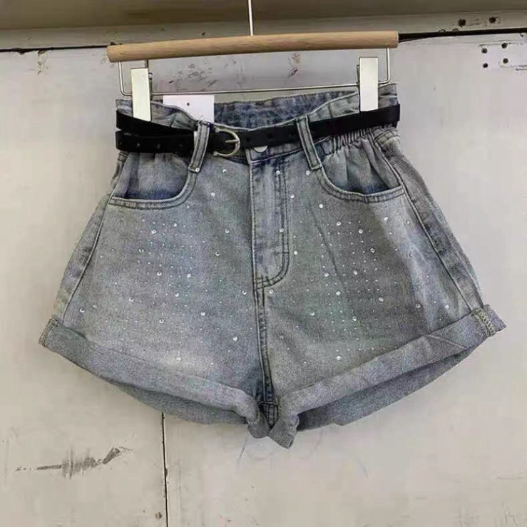 Quần short Jean Nữ Dáng Chữ A Đính Đá kèm dây lưng, quần short Lưng Cao Ống Rộng Phong Cách Hàn Quốc siêu sang chảnh N74 | BigBuy360 - bigbuy360.vn