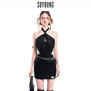 SOYOUNG - Váy nữ body STARLIGHT Dress thiết kế cut out vạt chéo phối lưới ép kim tuyến - VSY211202LD