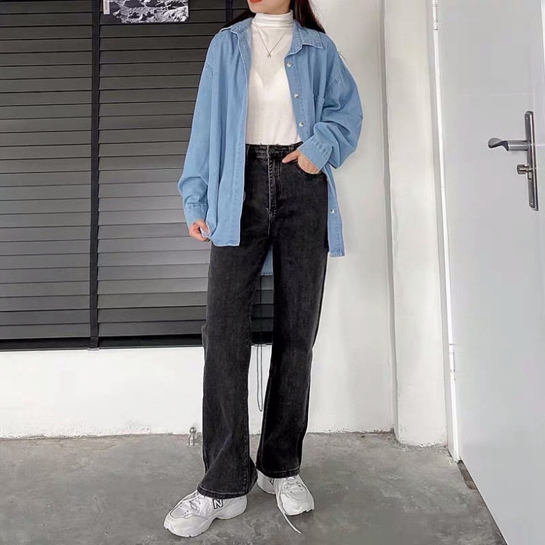Quần Ống rộng eo nhúm may gấu vạt xám, quần suông nữ jean Dễ thương Đơn giản siêu sang D59 | BigBuy360 - bigbuy360.vn