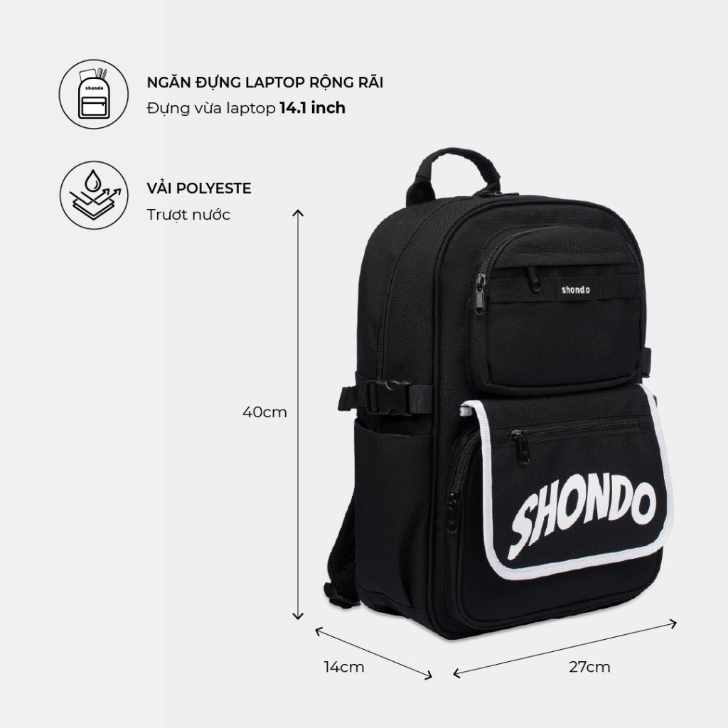 Balo Nam Nữ Thời Trang Đi Học SHONDO Siêu Nhẹ Vải Polyeste Cao Cấp Nhiều Ngăn Màu Đen BALBP10