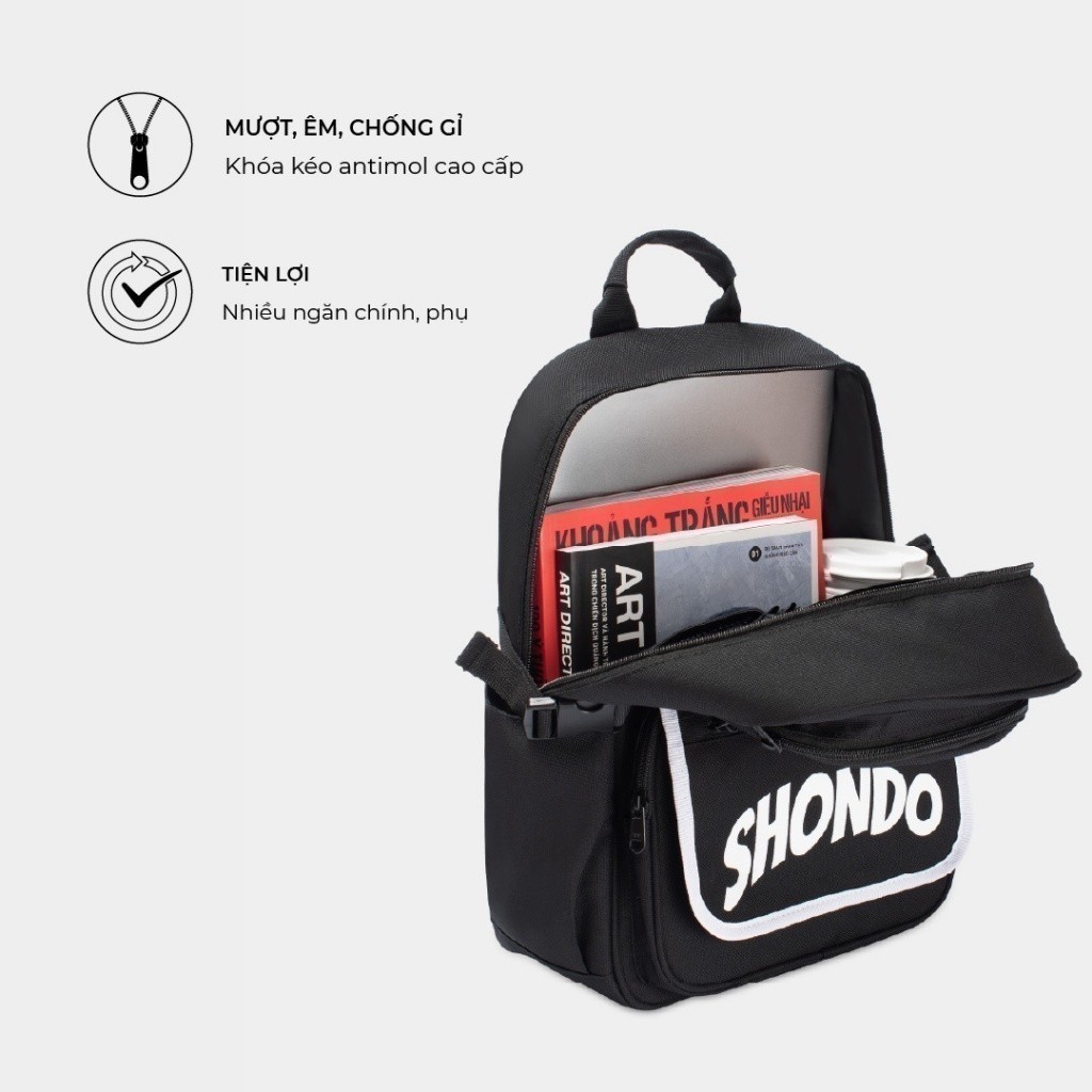 Balo Nam Nữ Thời Trang Đi Học SHONDO Siêu Nhẹ Vải Polyeste Cao Cấp Nhiều Ngăn Màu Đen BALBP10