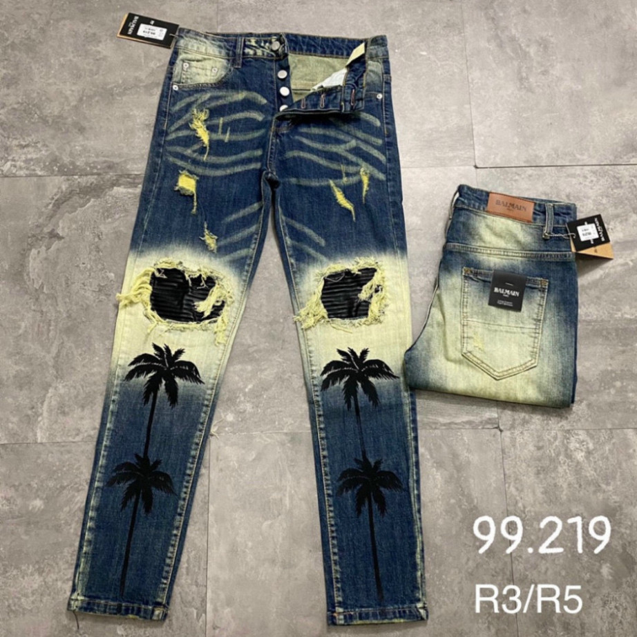 Quần Cầy Dừa Amiri Quần jean bò Nam slimfit wash xanh vàng in hình cây dừa phối rách tua gối vá da n