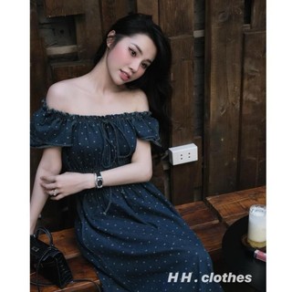 VÁY JEAN GIẶT CHẤM BI TRỄ VAI DÁNG XÒE