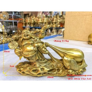 Tượng Di Lặc Bằng Đồng Vác Gậy Như Ý Kéo Bao Cỡ Bé Dài 18cm, DxRxC: 18x5x10cm Nặng 0.7kg