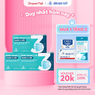 Combo 3 Hộp Khẩu trang Bông Bạch Tuyết 3 lớp xanh (50 cái/hộp)