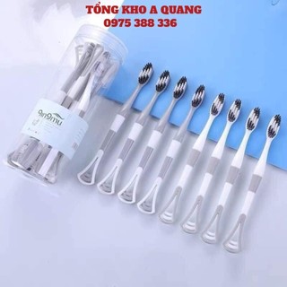 Hộp 8 bàn chải đánh răng 2 đầu kèm cạo lưỡi , bàn chải đánh răng 2 in 1 có đầu cạo lưỡi, bàn chải đánh răng kèm cạo lưỡi