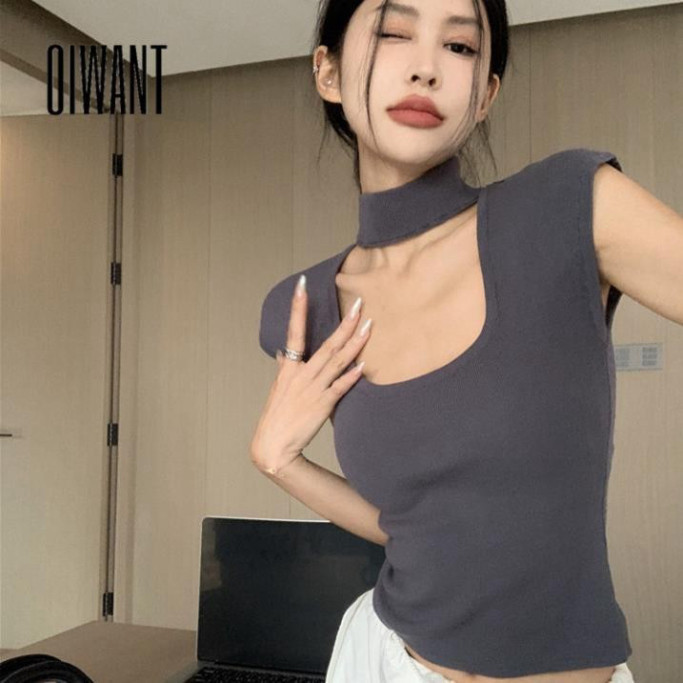 Oiwant Nữ Áo hai dây Retro Đan Màu Trơn Casual 2024 Phong Cách Mới Cổ Vuông Cắt Thấp Tất Cả Trận Đấu A70 | BigBuy360 - bigbuy360.vn