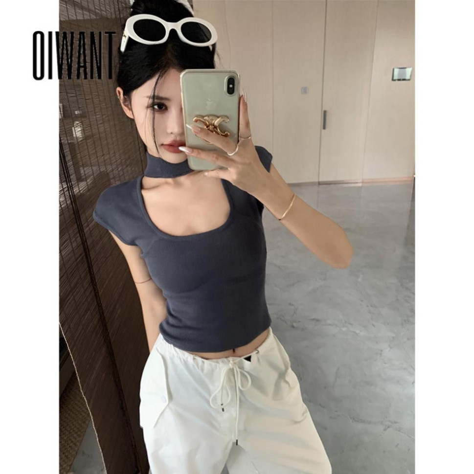 Oiwant Nữ Áo hai dây Retro Đan Màu Trơn Casual 2024 Phong Cách Mới Cổ Vuông Cắt Thấp Tất Cả Trận Đấu A70 | BigBuy360 - bigbuy360.vn
