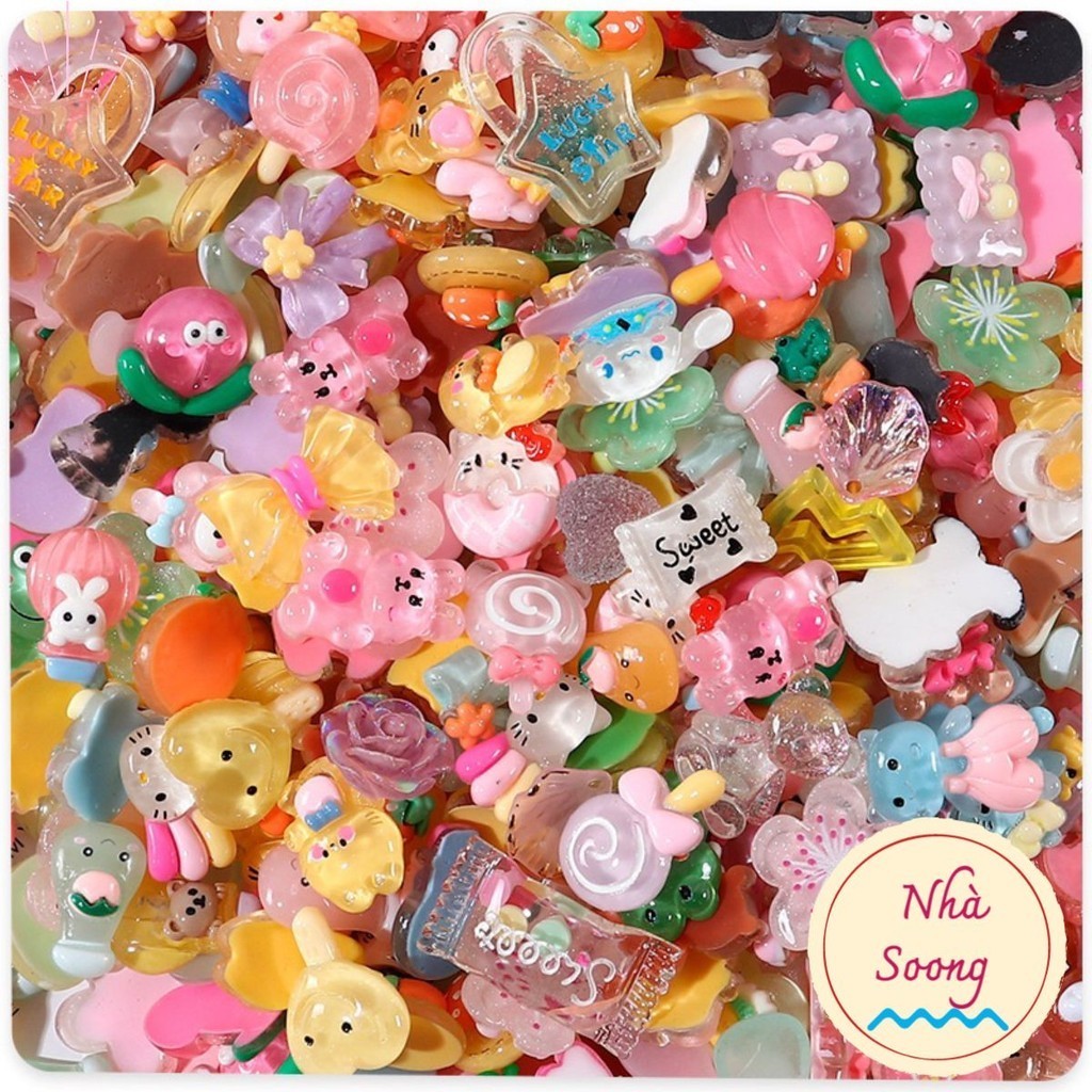 (Tặng keo) Combo 100 túi mù, 50-100 charm slime trong suốt, phụ kiện trang trí kẹp tóc, làm đồ handmade, DIY