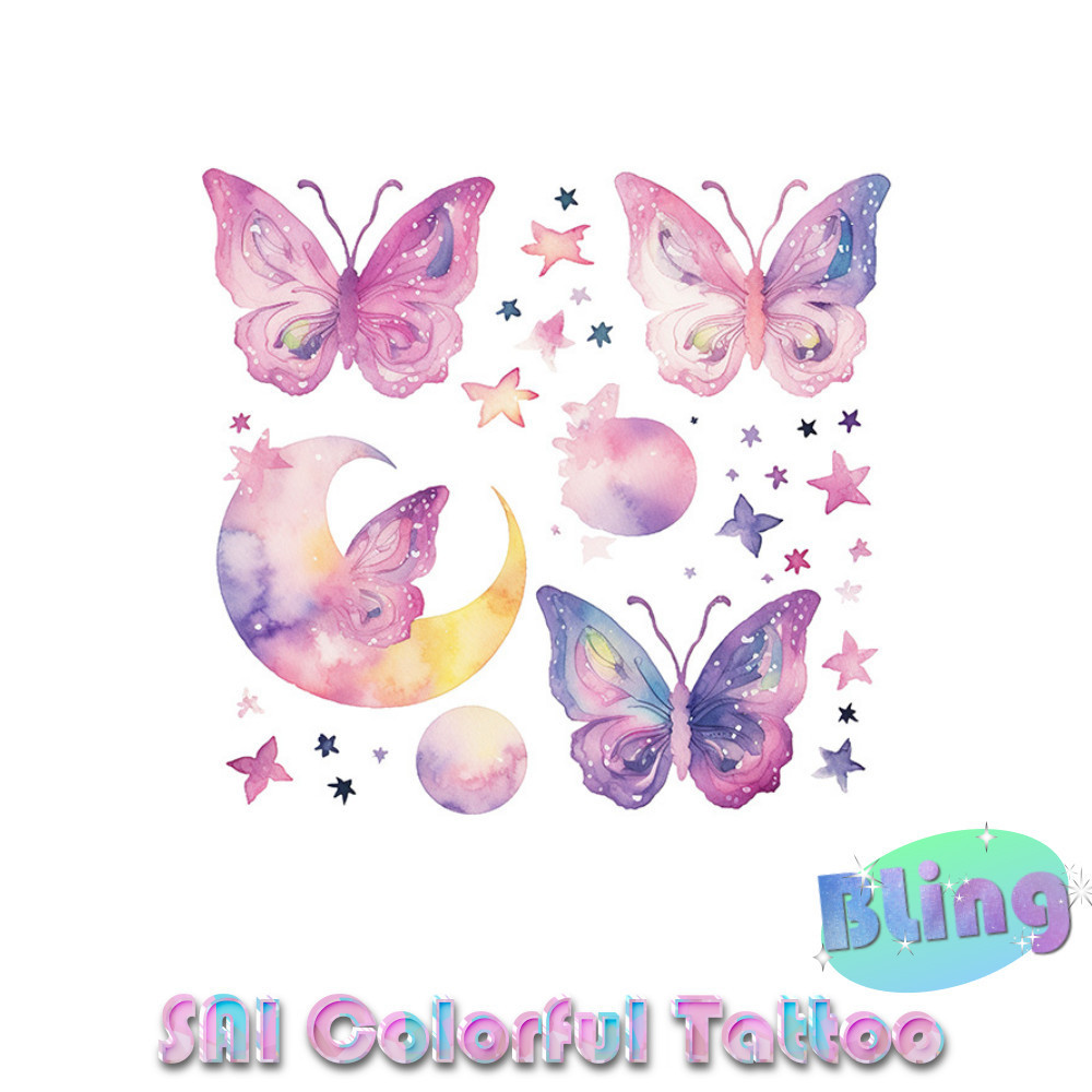 Miếng dán hình xăm tạm thời SAI COLORFUL TATTOO Bling Bling 12CM×12CM chống thấm nước Cánh tay Cổ tay Cổ chân Xương đòn Bướm Đáng yêu Thiếu nữ Công chúa Lãng mạn Gợi cảm Nữ thần Ngôi sao Mặt trăng 1025