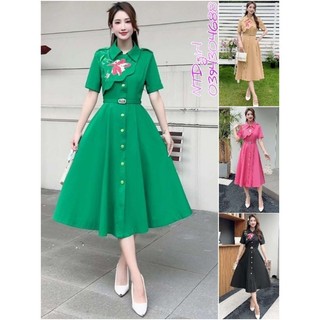 1462024 Hàng nhập - Đầm dáng xòe kaki mềm mịn mát cổ sơ mi thêu hoa, váy dự tiệc Quảng Châu tay ngắn sang trọng