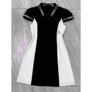 1462024 Hàng nhập - Đầm dáng suông thun cotton phối màu trắng đen, váy xuông Quảng Châu tay ngắn viền logo