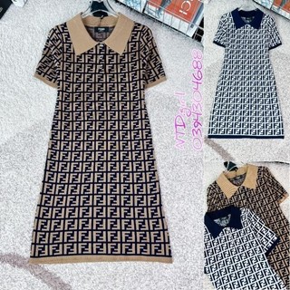 1462024 Hàng nhập - Đầm dáng suông len dệt kim logo FF tay ngắn, váy xuông Quảng Châu cổ polo xinh xắn