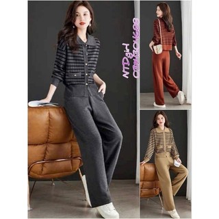 1462024 Hàng nhập - Set bộ len nữ dệt kim kẻ ngang cài nút trước, sét đồ Quảng Châu gồm quần và áo tay dài