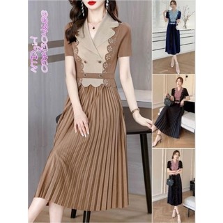 1462024 Hàng nhập - Đầm dáng xòe lụa xếp li free size cổ vest viền hoa văn, váy Quảng Châu tay ngắn phối màu sang trọng
