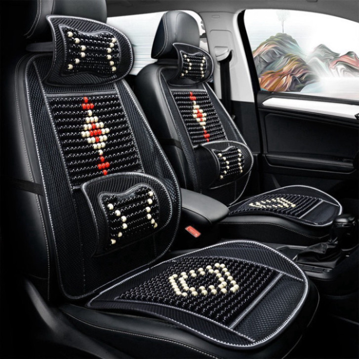 Lót ghế nâng lưng hạt gỗ massage cao cấp thoáng khí ngồi thoải mái - bộ 4 chi tiết