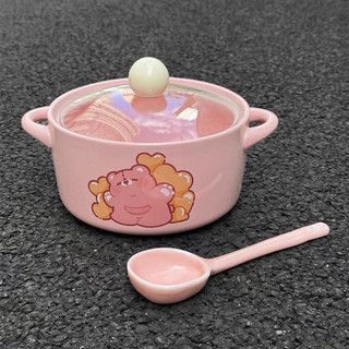 Set nồi sứ kèm thìa sứ có nắp hình gấu hồng đáng yêu