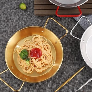 Chảo inox mạ vàng, đĩa có quai đựng thức ăn thịt nướng, hải sản hoặc decor trang trí phong cách Hàn Quốc 02