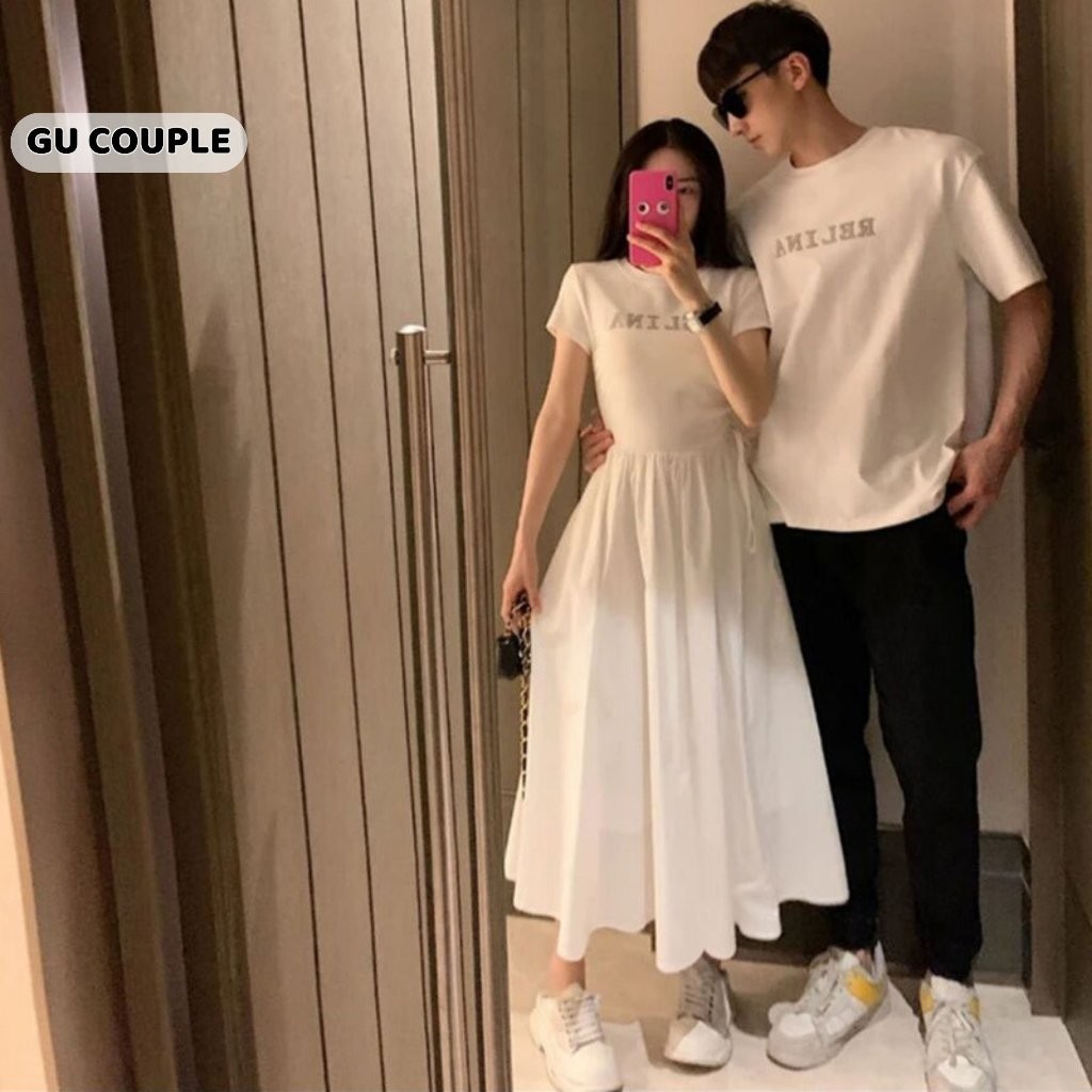 Đồ đôi nam nữ hàn quốc set áo thun nam váy nữ dáng dài màu trắng cho cặp đôi HAPPYLOVE G107