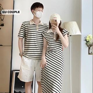 Đồ đôi nam nữ mùa hè áo thun nam ngắn tay váy nữ kẻ sọc thời trang cho cặp đôi HAPPYLOVE G185