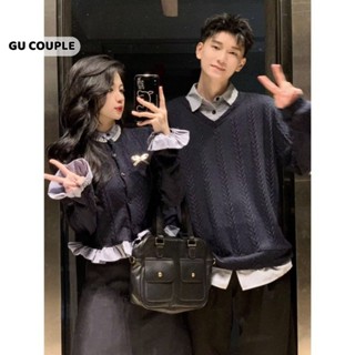 Đồ đôi áo len nam nữ dài tay màu xanh than giả sơ mi kèm nơ cài thời trang HAPPYLOVE G131