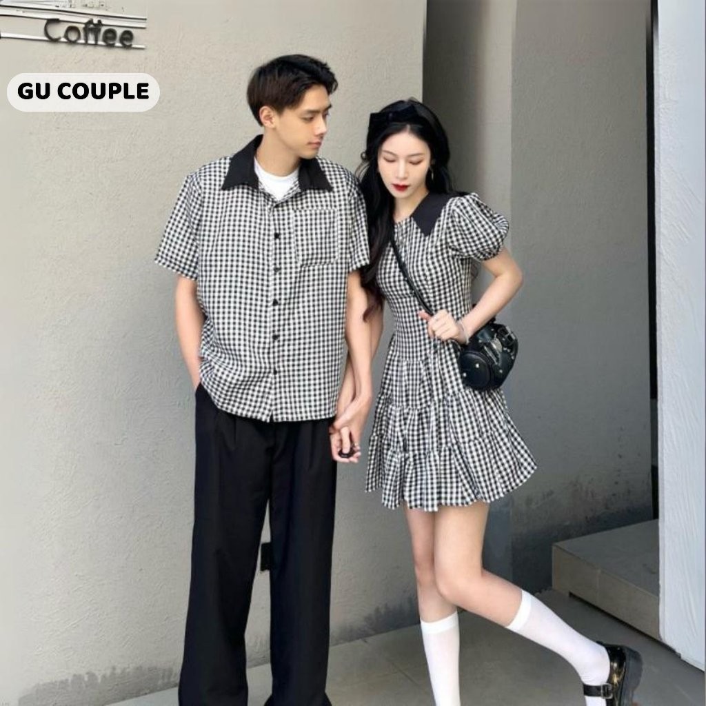 Set couple đồ đôi nam nữ mùa hè hàn quốc áo sơ mi nam váy baby doll nữ kẻ sọc caro GU COUPLE G009