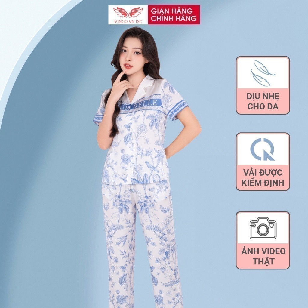 Bộ đồ ngủ Pijama lụa mặc nhà mùa Hè VINGO tay ngắn quần dài hoa phù dung xanh H1034 VNGO