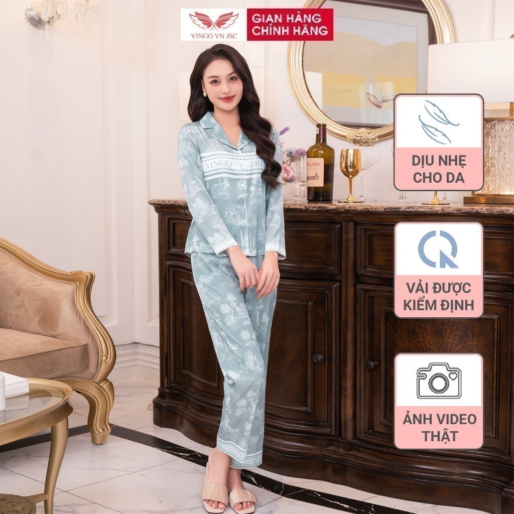 Bộ ngủ nữ Pijama lụa cao cấp mùa Hè VINGO tay dài quần dài dáng eo tranh thuỷ mặc xanh H1092 VNGO