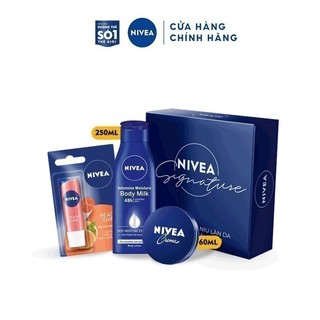 Bộ sản phẩm NIVEA SIGNATURE dưỡng ẩm chuyên sâu toàn diện: Dưỡng thể 250ml, Kem làm mềm da 60ml & Son dưỡng môii 4.8g