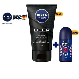 Sữa rửa mặt NIVEA MEN DEEP than đen 100G tặng lăn khử mùi NIVEA MEN khô thoáng 25ML (84415 + 81617)