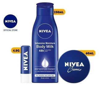 Bộ 3 NIVEA Blue dưỡng ẩm chuyên sâu (Sữa dưỡng thể 250ml 80201+ Kem dưỡng ẩm 60ml 80102 + Son dưỡng ẩm 85061)