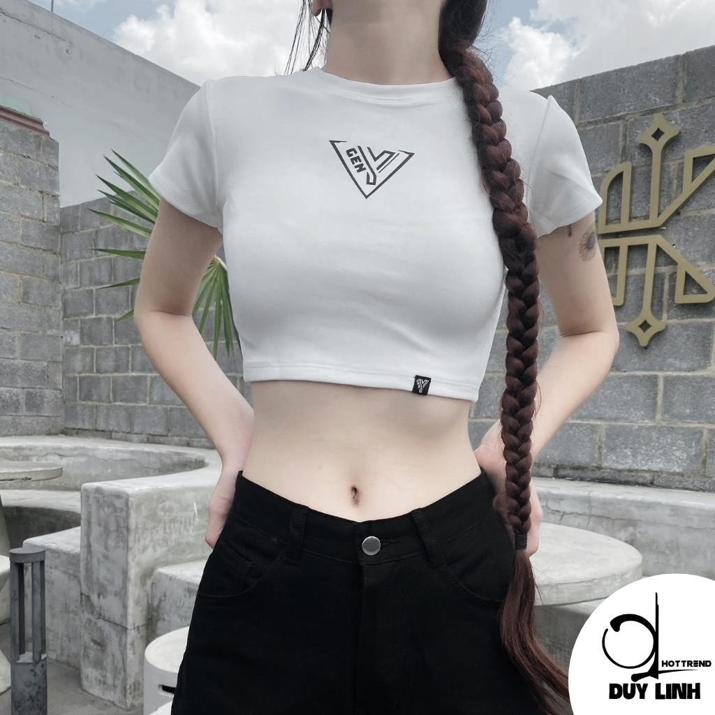 Áo croptop ngắn tay cổ tròn in hoạ tiết cá tính vải cotton dày dặn DUY LINH áo thun nữ ôm body DL01A